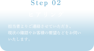 Step 02ヒアリング担当者よりご連絡させていただき、現状の確認やお客様の要望などをお伺いいたします。