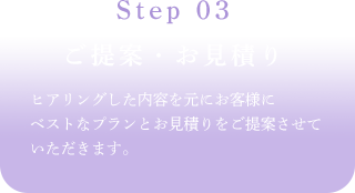 Step 03ご提案・お見積りヒアリングした内容を元にお客様にベストなプランとお見積りをご提案させていただきます。